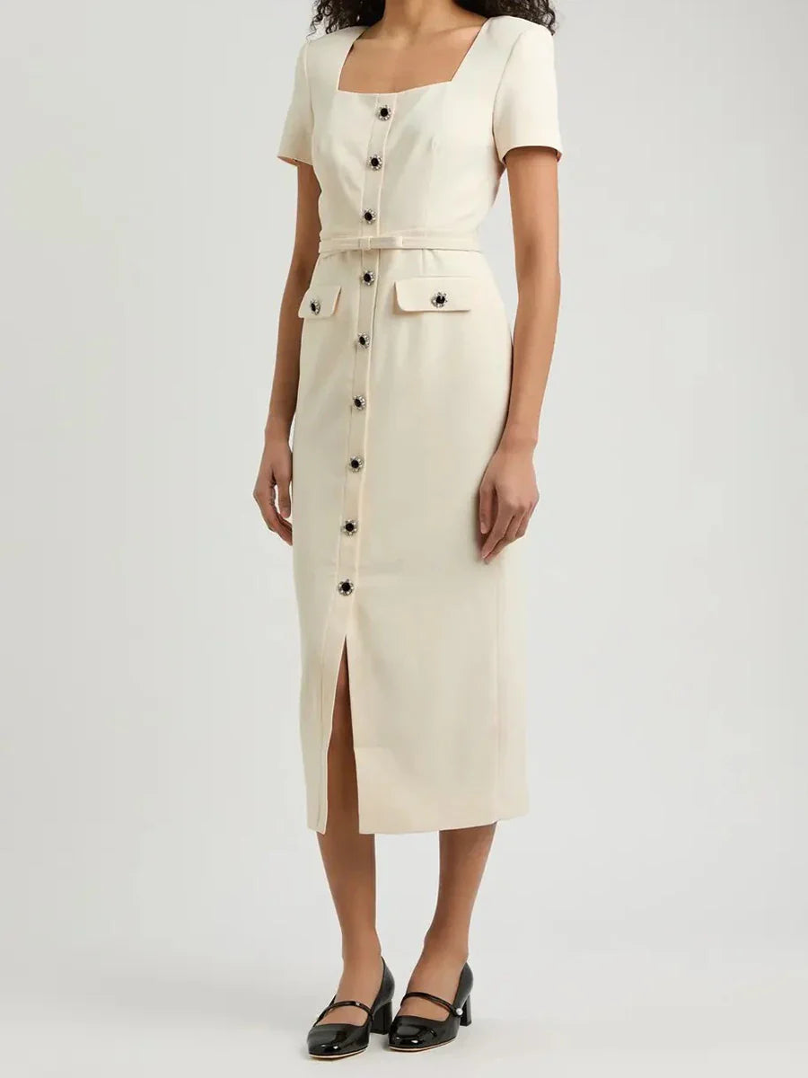 Solid Slimming Spliced Single Breasted Elegant Dresses for Women Square Neck Short Sleeves Split Dress Female New