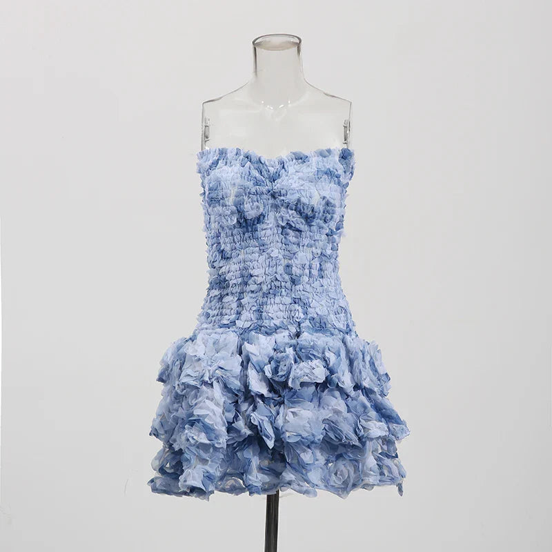 Colorblock Fashion Temperament Dresses for Women Strapless Sleeveless Patchwork 3D Flowers Dress Female Clothing BLUE