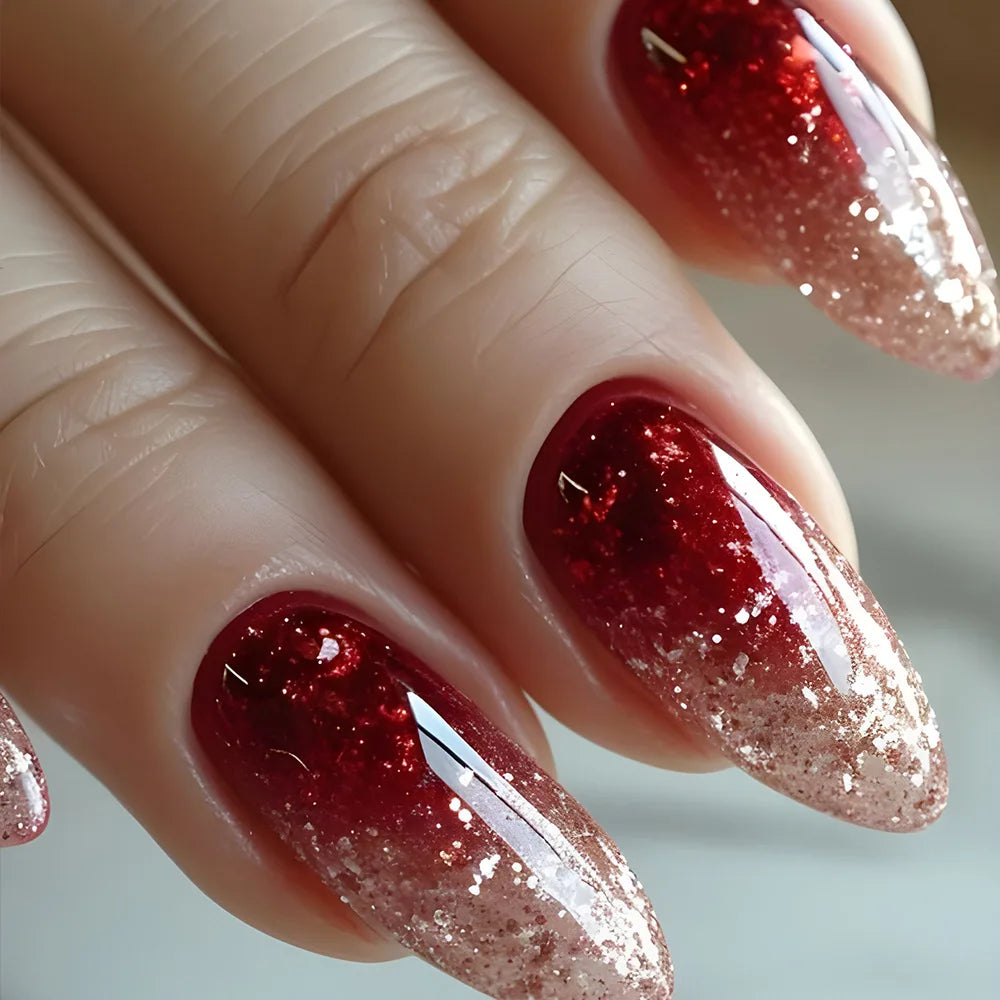 24Pcs Gradient Red Press on Nails with Sequin Glitter Long Almond Fake Nail Wearable Stiletto Nails Art Artifical False Nails 1656