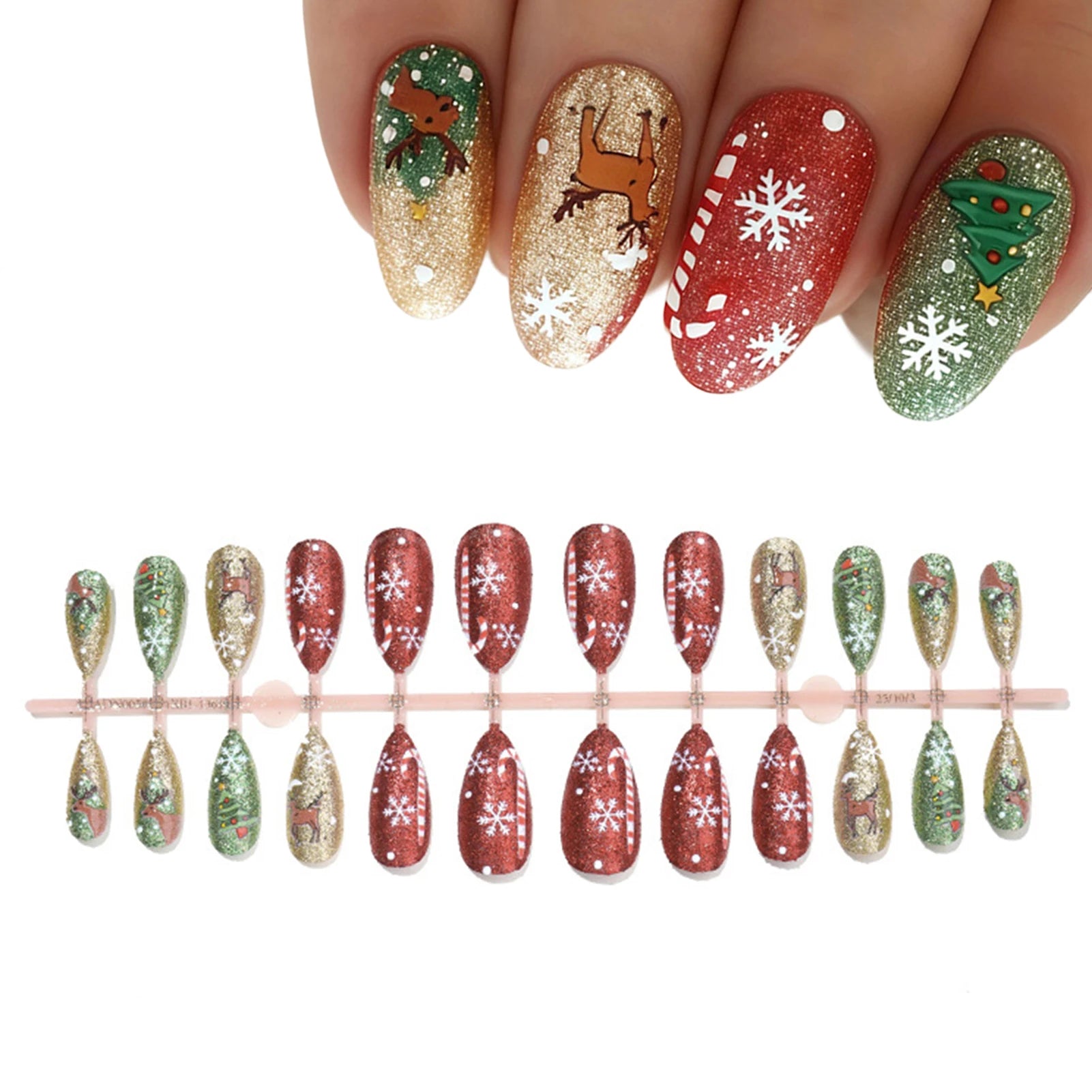 Christmas Party Almond Fake Nails 24Pcs Glossy Sequins Press On Nails Xmas Tree/Deer/Snowflake Printed Stick-on False Nails Art