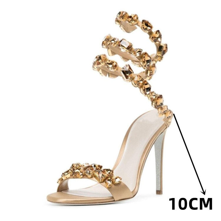 Summer New Colored Diamond Women's High Heel Sandals Water Diamond Fashion Silver Sole Party Party Party High Heel Shoes 10CM Apricot