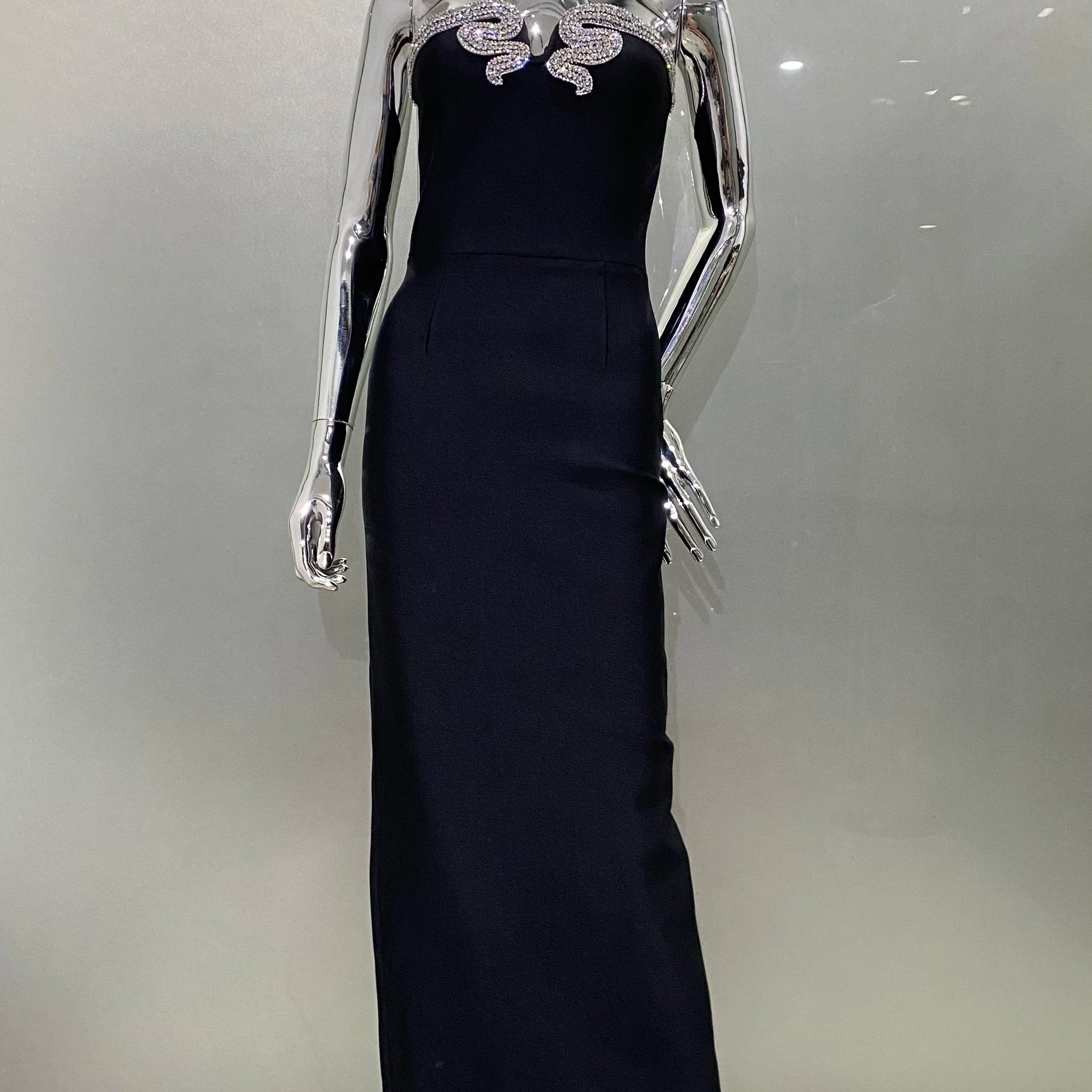 Women Sexy Strapless Rhinestones Bodycon Bandage Long Dress Fashion Elegant Evening Party Celebrate Dress