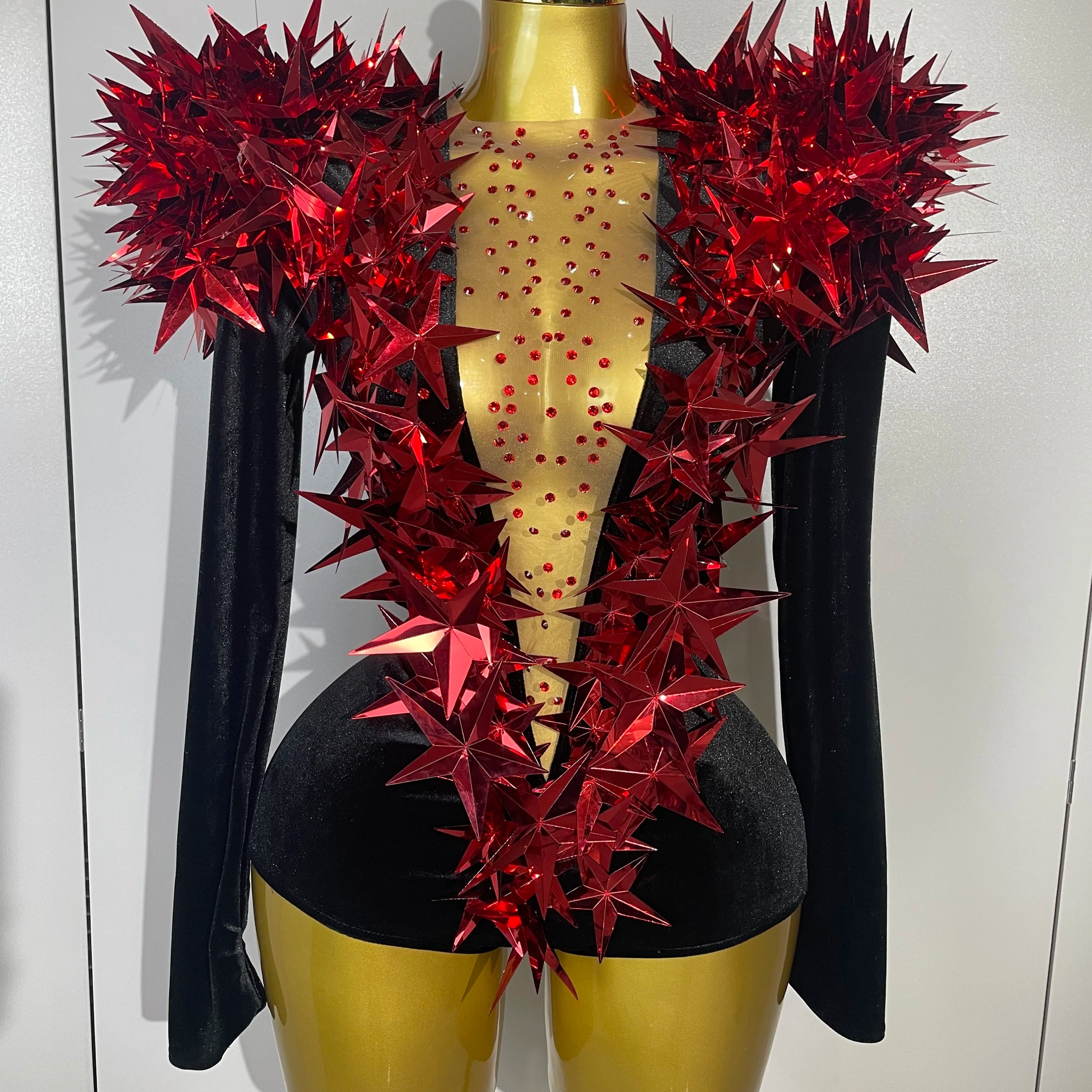 2025 New Shiny Black Rhinestone Velvet Long Sleeve Bodysuit Women Evening Party Club Gala Hosts NightClub Bar Stage Costumes Red