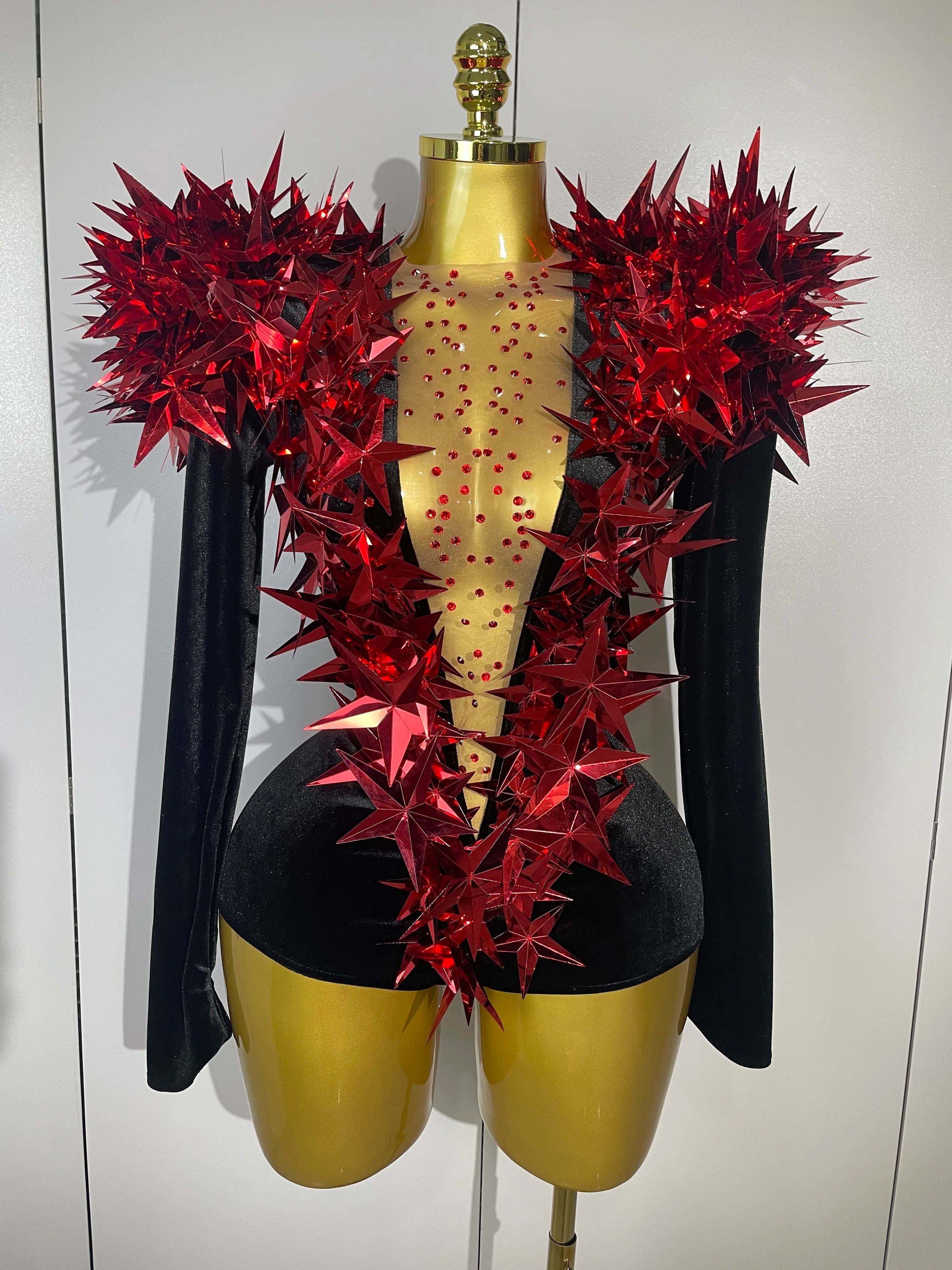 2025 New Shiny Black Rhinestone Velvet Long Sleeve Bodysuit Women Evening Party Club Gala Hosts NightClub Bar Stage Costumes Red