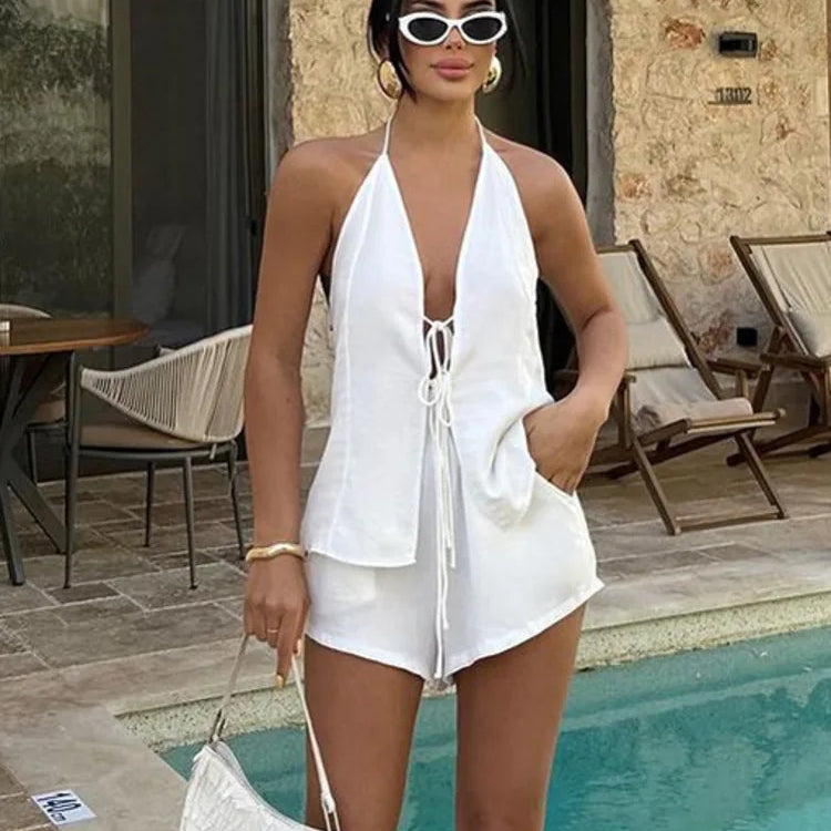 Lace-up Sexy Two Piece Set Women White Halter Cropped Tops And Shorts Female Two-piece Sleeveless Top High Waist Shorts