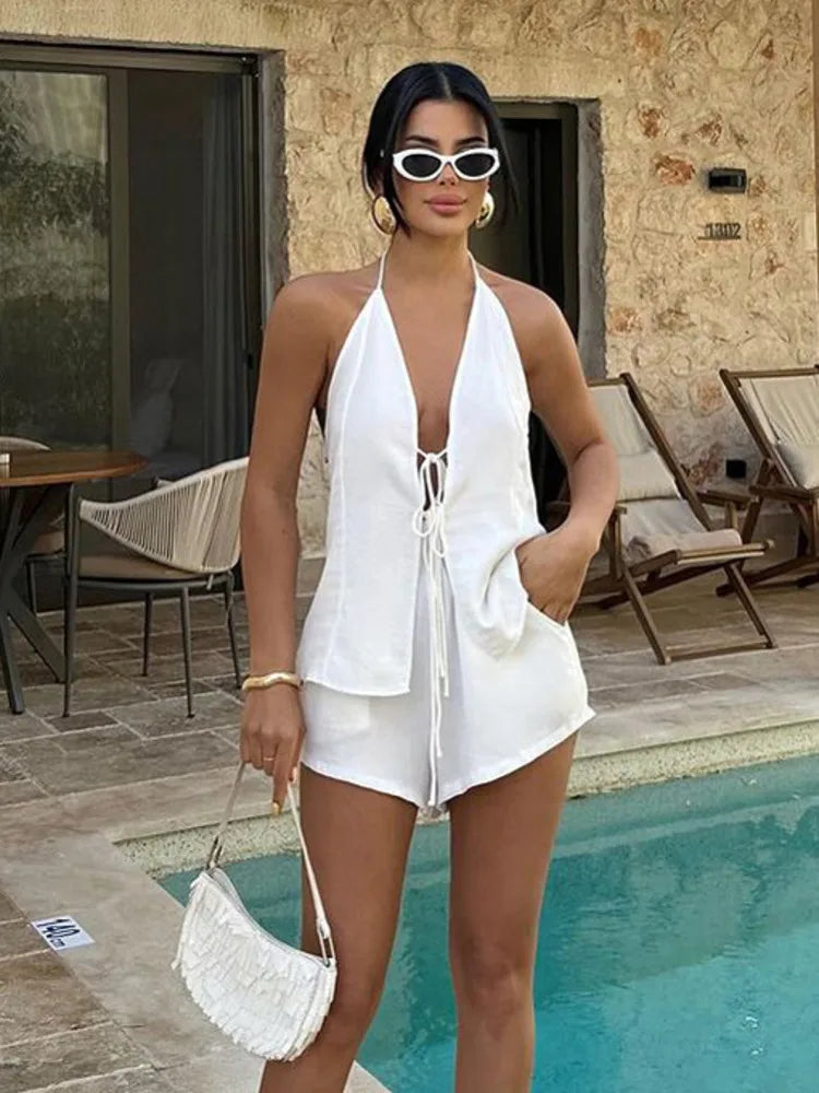 Lace-up Sexy Two Piece Set Women White Halter Cropped Tops And Shorts Female Two-piece Sleeveless Top High Waist Shorts