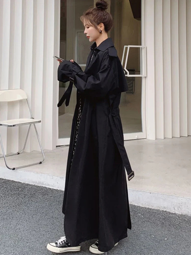 Spring Autumn Extra Long Flowy Oversized Casual Trench Coat for Women Belt Double Breasted Loose Korean Fashion 2022 Black