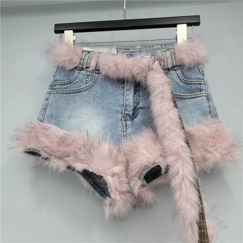 Autumn Winter New Style Design Denim Low Waist Fashion Versatile Frayed Shorts For Women Vintage Short Pants 11A07792 Light Blue