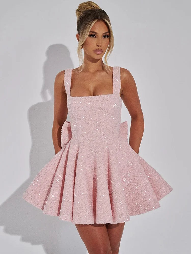 Sequins Bow Backless Sexy Mini Dress For Women Robe Fashion Square Collar Sleeveless High Waist A-line Club Dress