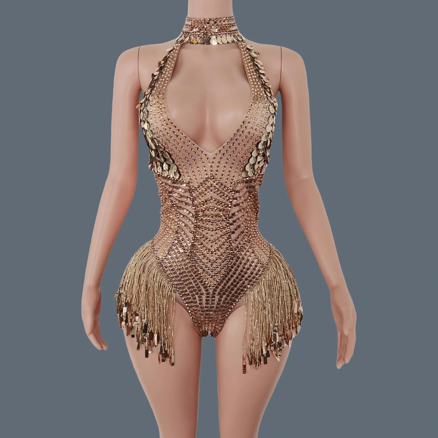 Sparkly Golden Shell Tassel Sexy Bodysuit for Women Bar Nightclub Stage Show Outfit Sexy girls Deep V Neck Bodysuit Jinbaobei Red One Size