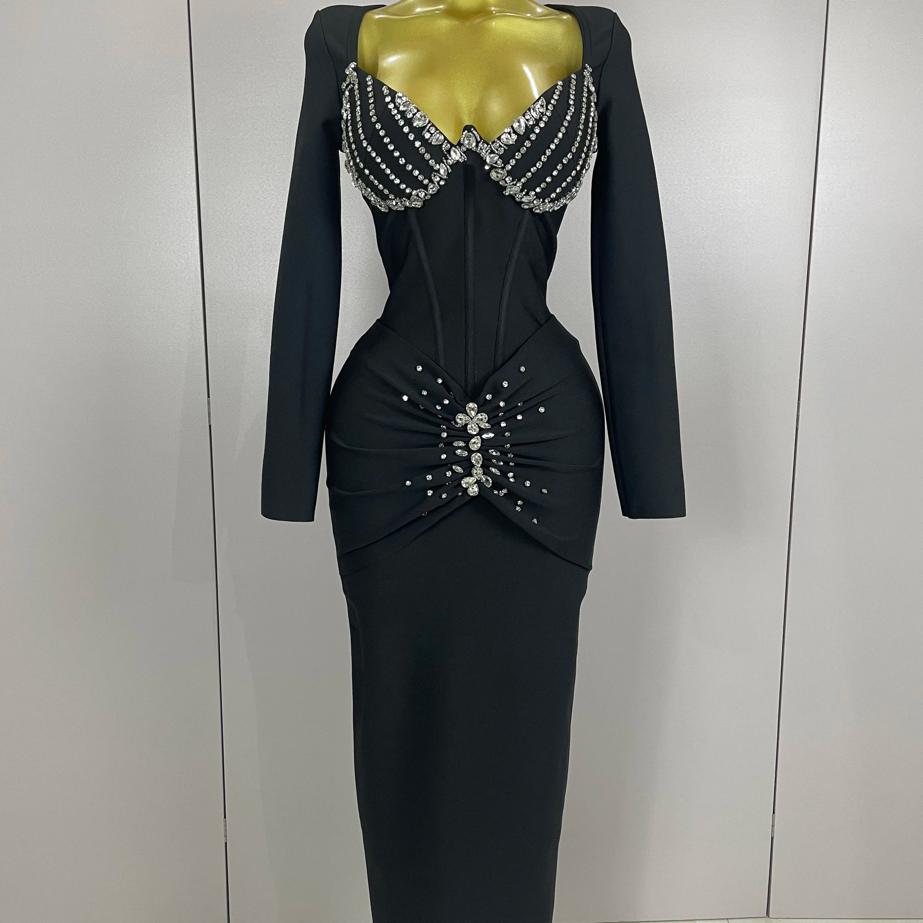 Sexy Luxury Sparkly Beading Bandage Long Sleeve Bodycon Dress 2025 New Women Celebrity Party Elegant Evening Club Pary Dresses black