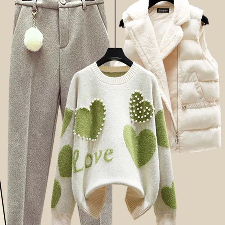 Winter New Warm Sweater 3 piece set Women Korean Fashion Sweet Heart-shaped beaded Sweater +Lamb wool vest +Pants Suits
