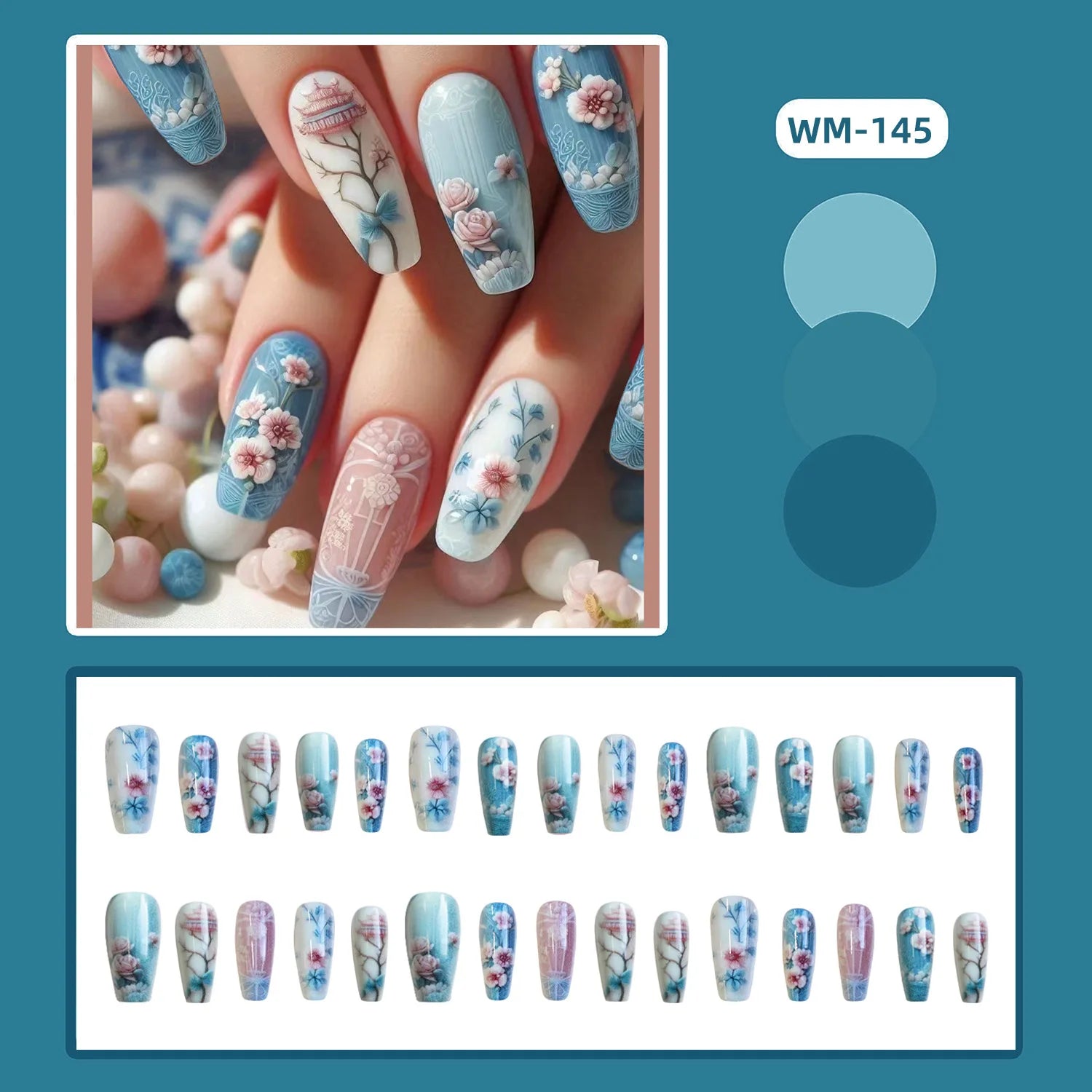24pcs Classical Flowers Press on Nails Watercolor Butterflys Flowers Print False Nails Wearable Spicy Girls Fake Nails for Women 7