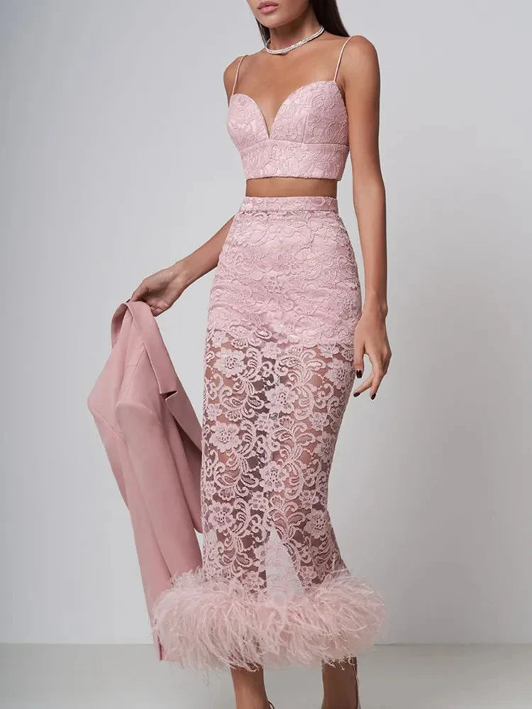 New Women Sexy V Neck Lace Feather Midi Skirt Bandage Set Celebrity Elegant Evening Club Cocktail Party Outfits