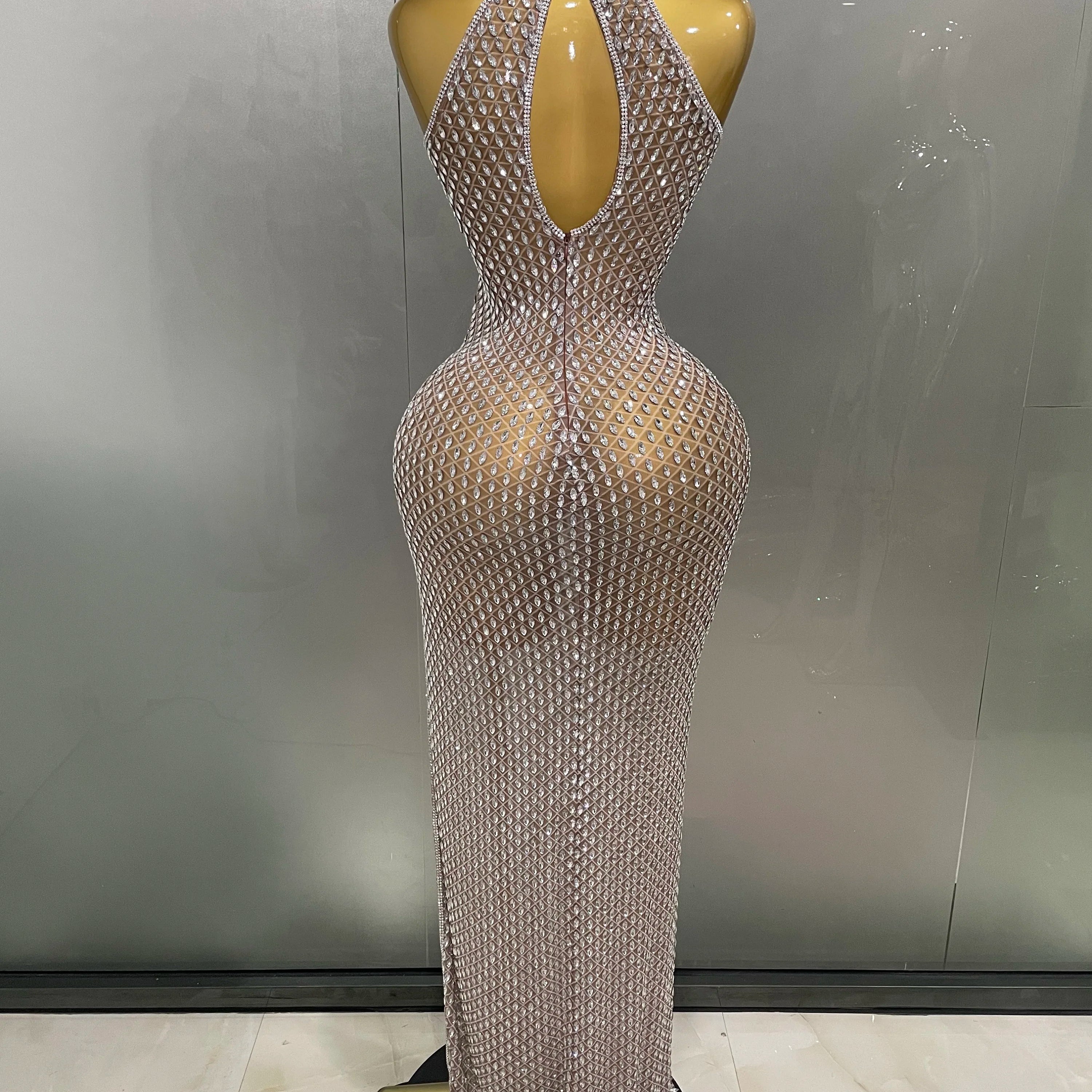 2025 Luxurious Full Rhinestones Mesh Transparent long dress Women Birthday Celebrate Evening Prom Dress party Club Stage Costume