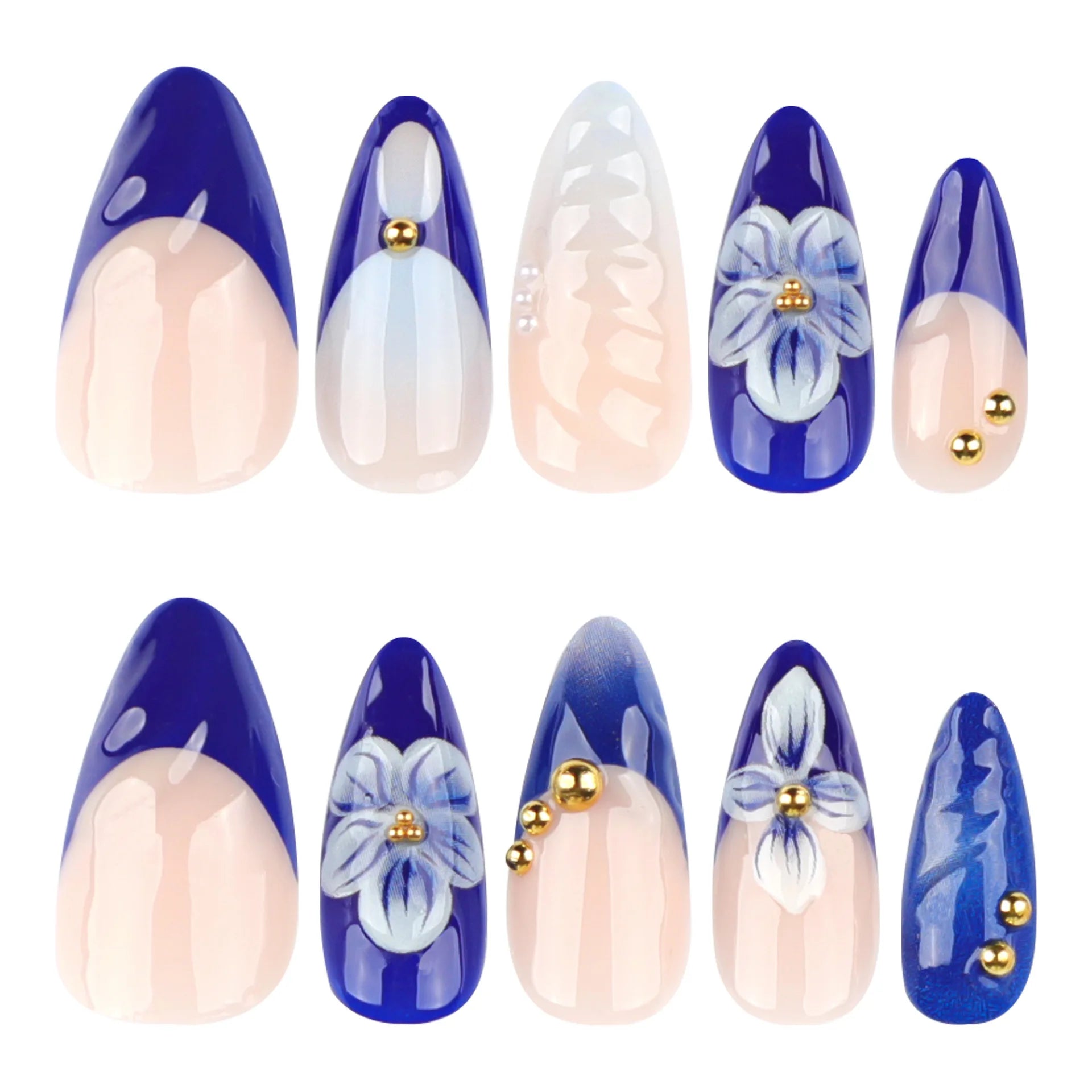 24pcs 3D Flower Design Press on Nails Blue French Almond False Nail Tips for Women Wearable Reusable European Fashion Fake Nails