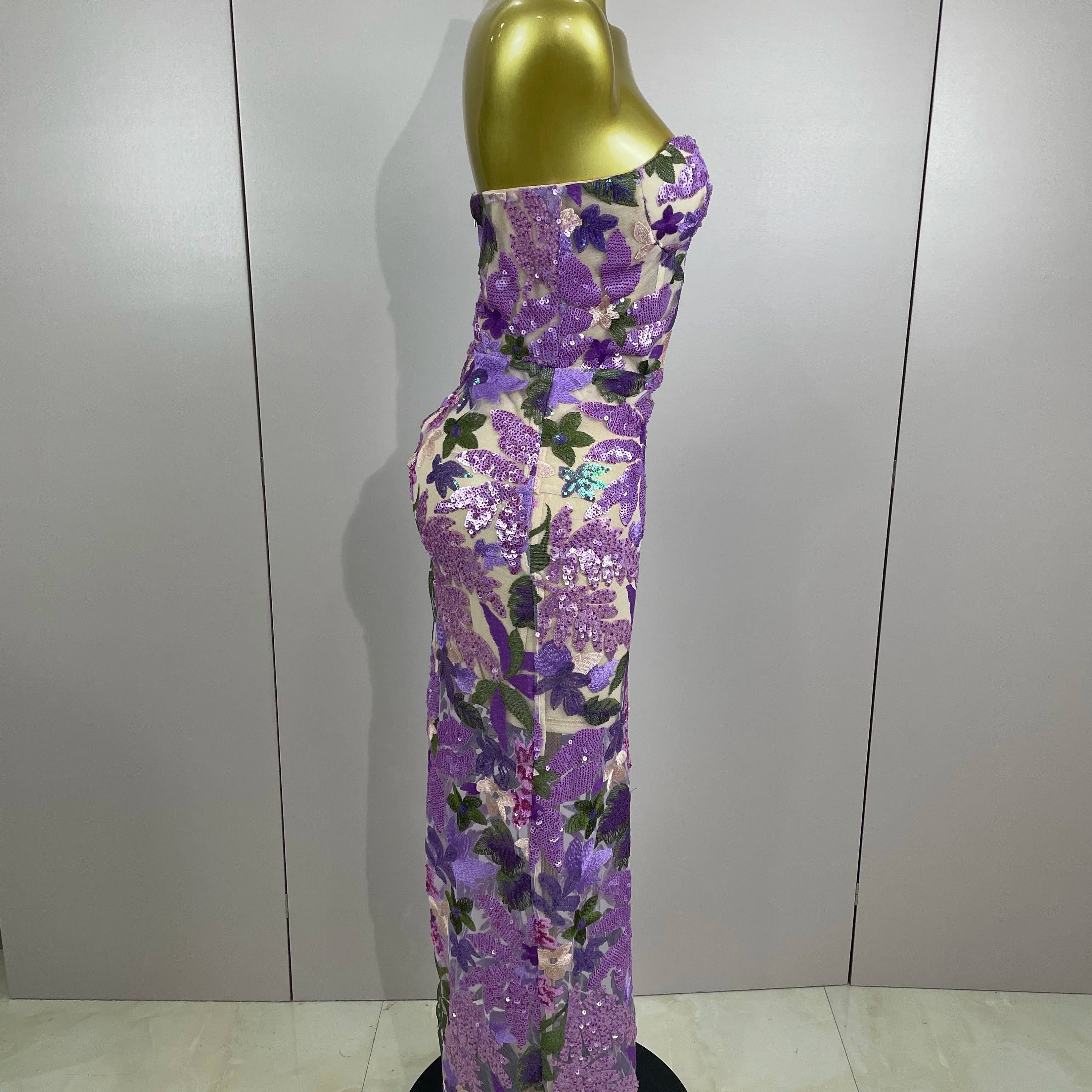 2025 New Sexy Strapless Floral Sequin Long Dress Women Sequins Flower Backless Long Slim Dress Evening Party Runway Gown Dress