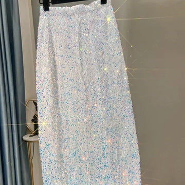 French High-waisted Slim Skirt High-quality Shiny All-match Mid-length Thickened Hip Skirt Split Black Sequin Skirt Women phantom white