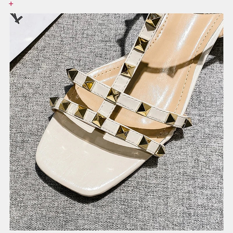 2023 Summer low heel women rivets sandals thin ribbon fashion Korean design girls shoes large size wear slippers free delivery