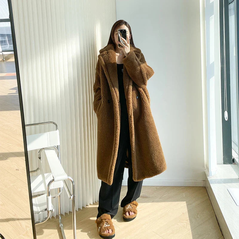 Teddy teddy bear coat women's autumn and winter fur grain camel wool coat alpaca wool med-long woolcoat tobacco
