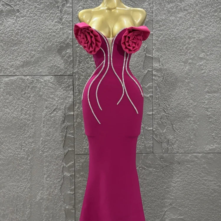 Rosered Color Women Sexy Florals Strapless Diamond Line Bodycon Long Bandage Dress Birthday Party Photo Shoot Wear Rose Red