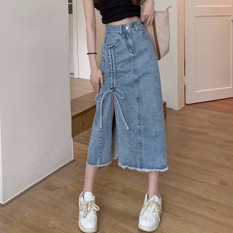 S-5XL Women Denim Skirt Spring Summer 2024 Fashion Casual Medium-long Package hip Irregular hem Slim Waist Skirts Jeans Female Blue 2