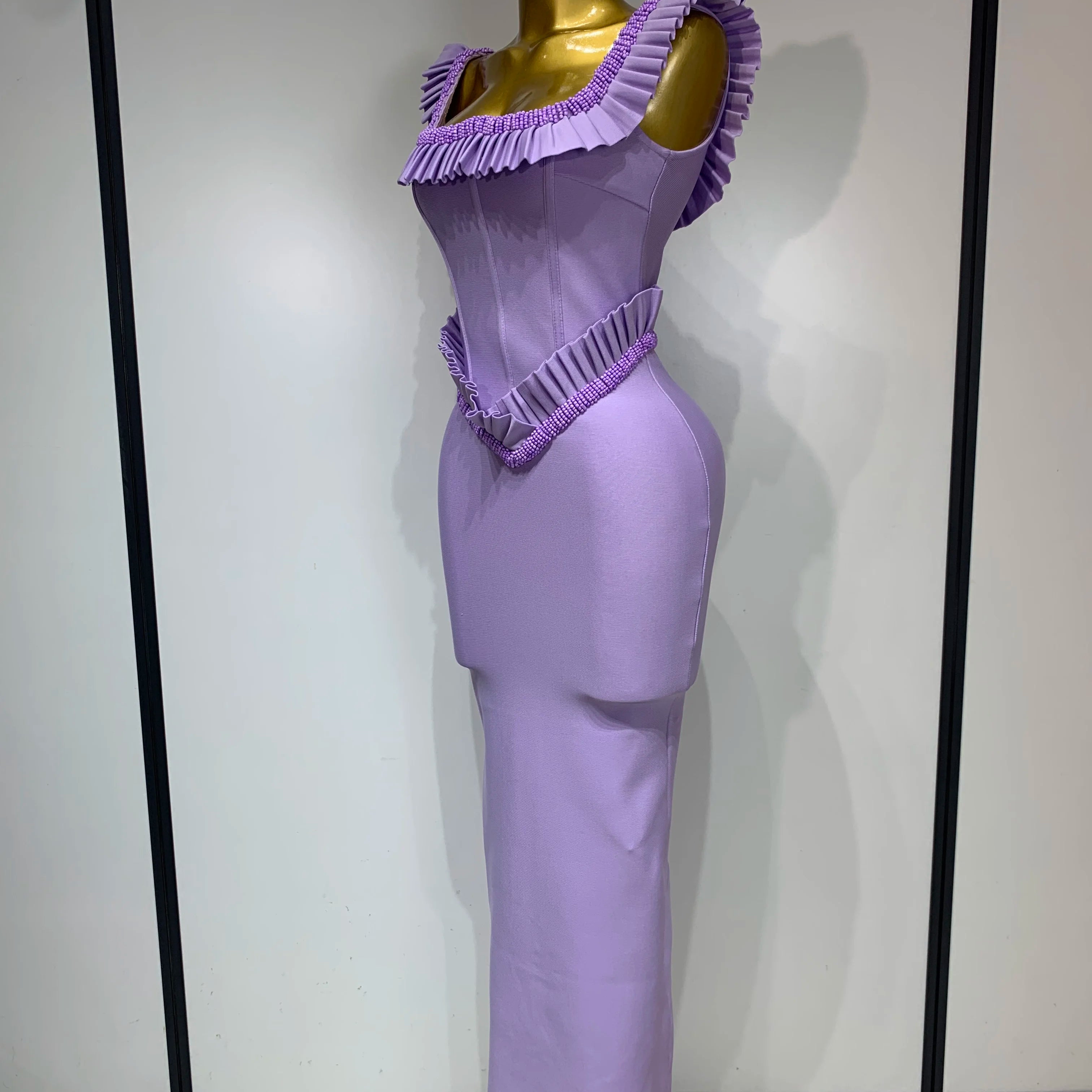 Women Sexy Square Collar Ruffles Beading Long Bodycon Bandage Dress 2025 Celebrity Elegant Evening Club Party Birthday Dress