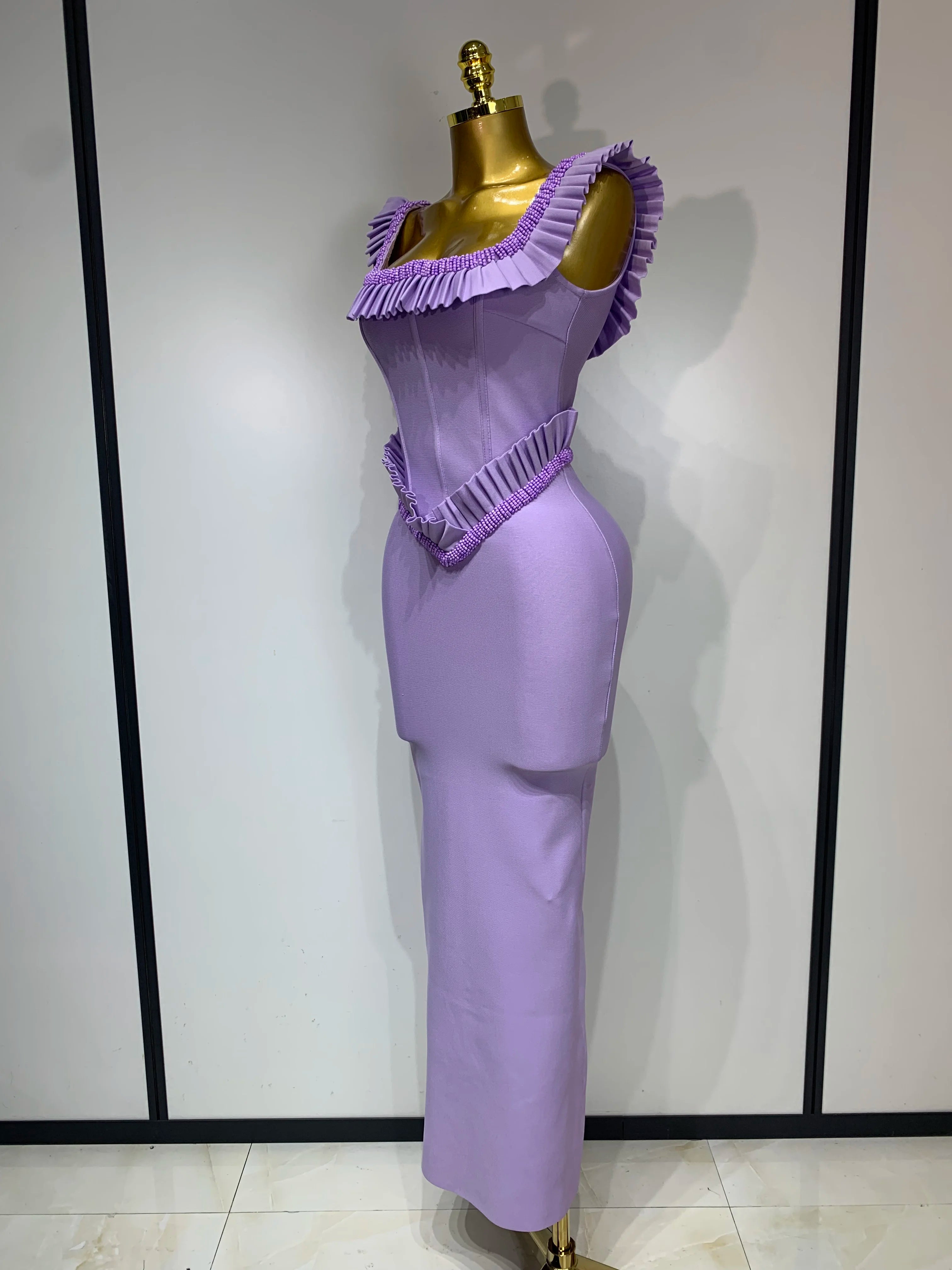 Women Sexy Square Collar Ruffles Beading Long Bodycon Bandage Dress 2025 Celebrity Elegant Evening Club Party Birthday Dress