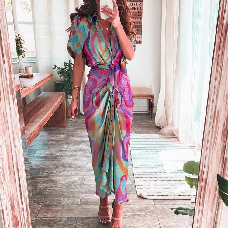 Women Sexy Bandage Shirt Dress Vintage Printed V Neck Ruched Long Dress Female Elegant Button Short Sleeve Beach Maxi Dress Robe Pink