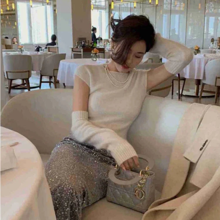 HOUZHOU Long Sequin Skirt Women Autumn Korean Elastic Waist Elegant Back Split Slim A-line Skirt with paillettes Evening Party