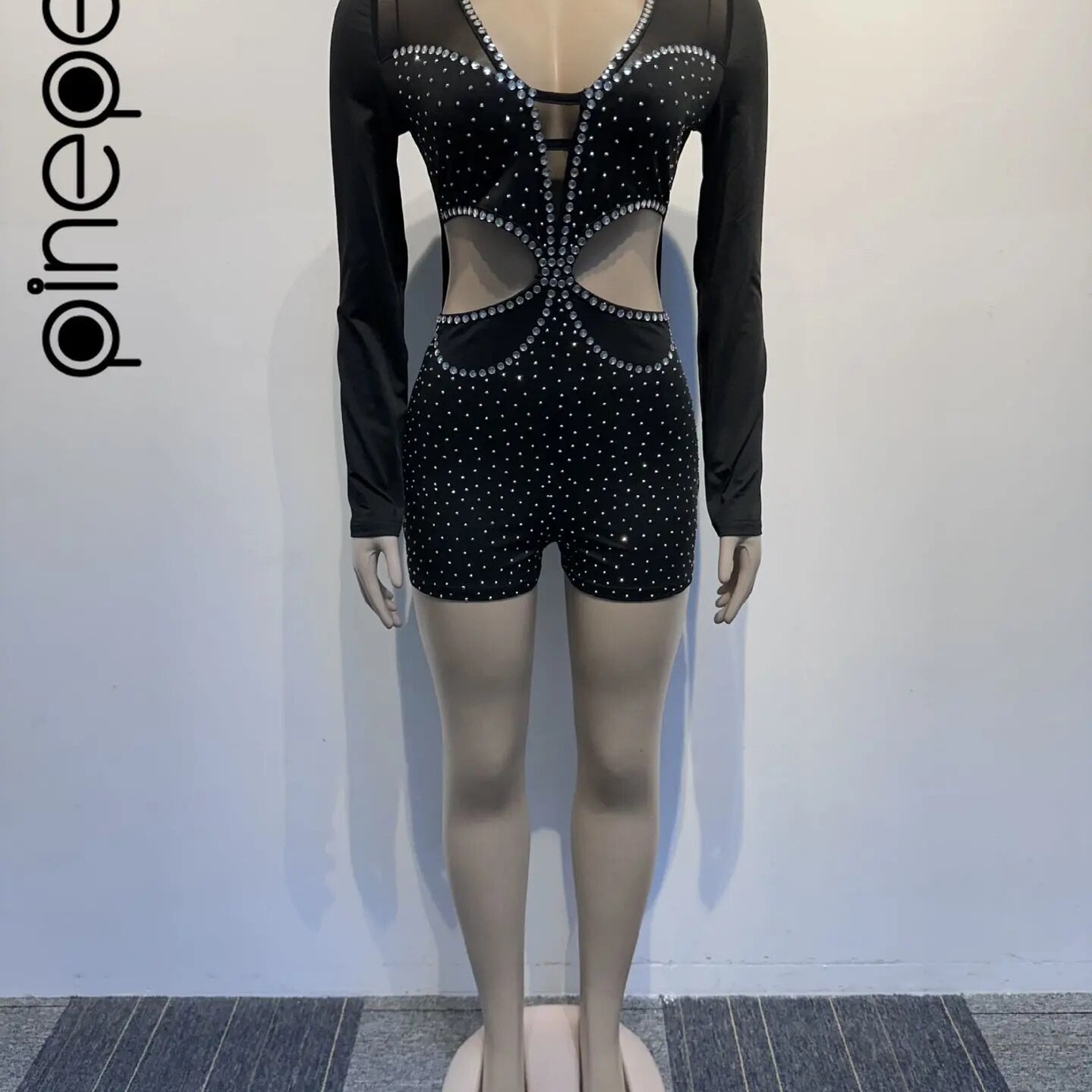 Shiny Diamonds Mesh Playsuits Women Long Sleeve Deep V Neck Sexy Hollow Out See Through Club Party Short Jumpsuits