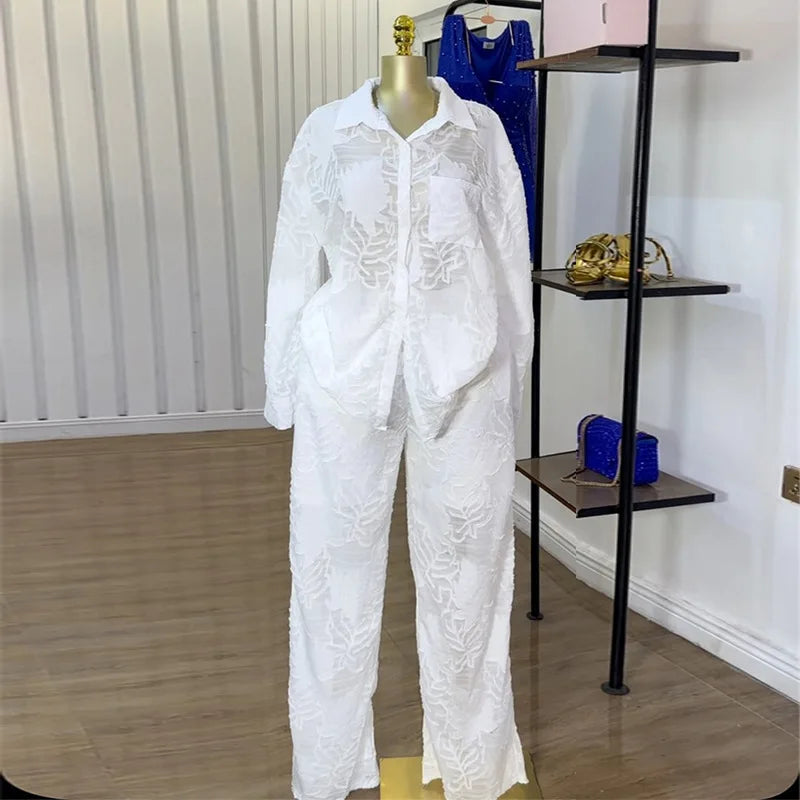 CM.YAYA Fashion Women's Set Perspective Long Sleeve Shirt and Straight Wide Leg Pants 2025 OL Two 2 Piece Set Outfit Tracksuit White