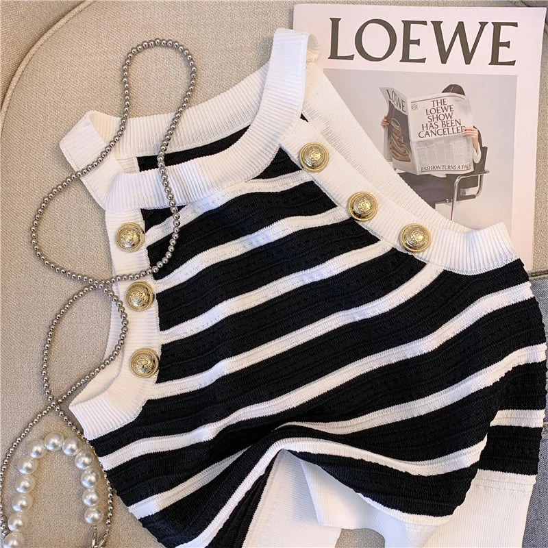 Halter Slim Striped Knitted Vests Women Crop Tops Summer Sleeveless Gold Buttons Knitwear Sexy Elegant Streetwear Vests