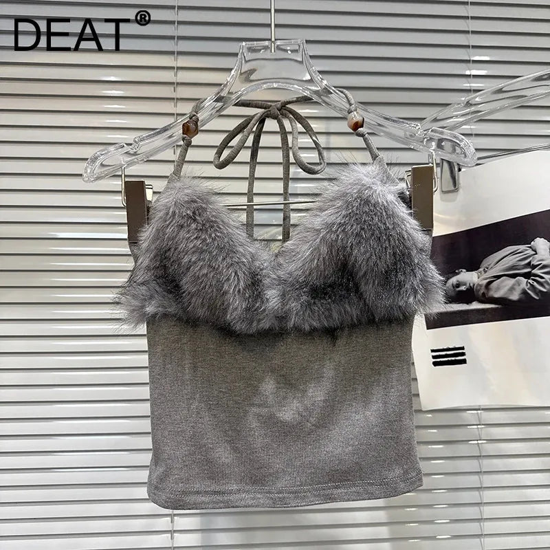 Winter New Elegant Fashion Fur Patchwork Backless Tie Halter Neck Camisole For Women Slim Fit Tank Top Female 11A07479