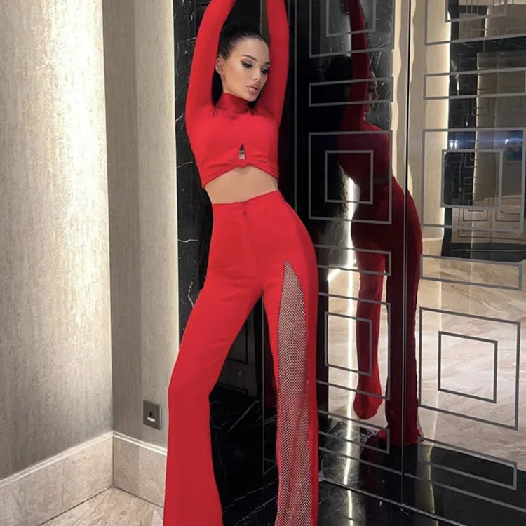 Black Red White New Summer Women Rayon Bandage Sexy Wide Leg Pants Fashion Diamond Keyholes Celebrity Wear Full Length Pant