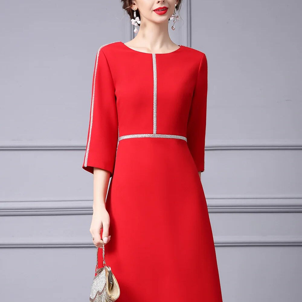 ZJYT Autumn Fashion Beading Party Formal Occasion Dresses for Women 2024 Elegant Christmas Red Midi Vestidos Fiesta Aline Robe red