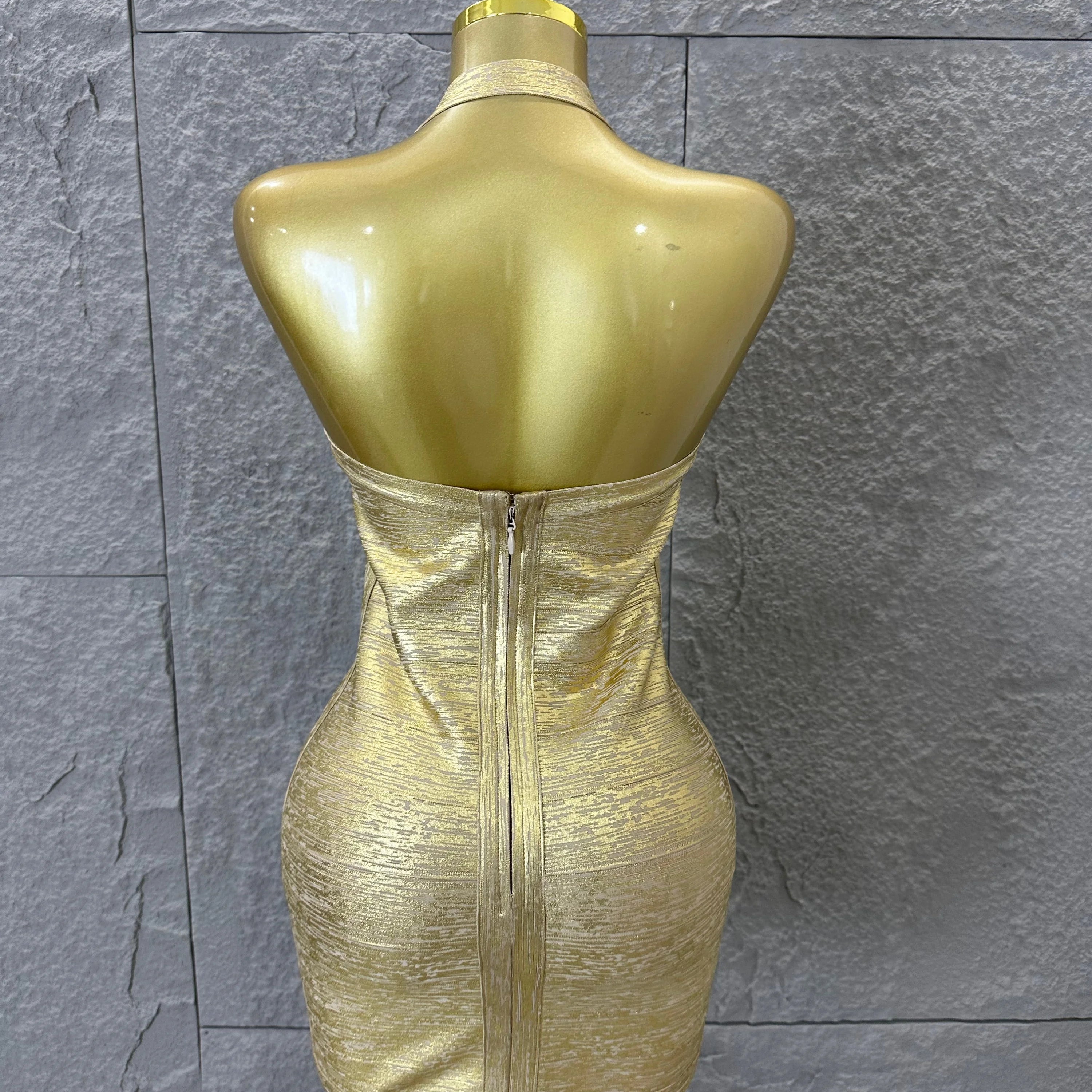 Elegant Gold Metallic Bandage Mini Dress Women Halter Neck Sweetheart Bodycon Formal Event Cocktail Party Costume