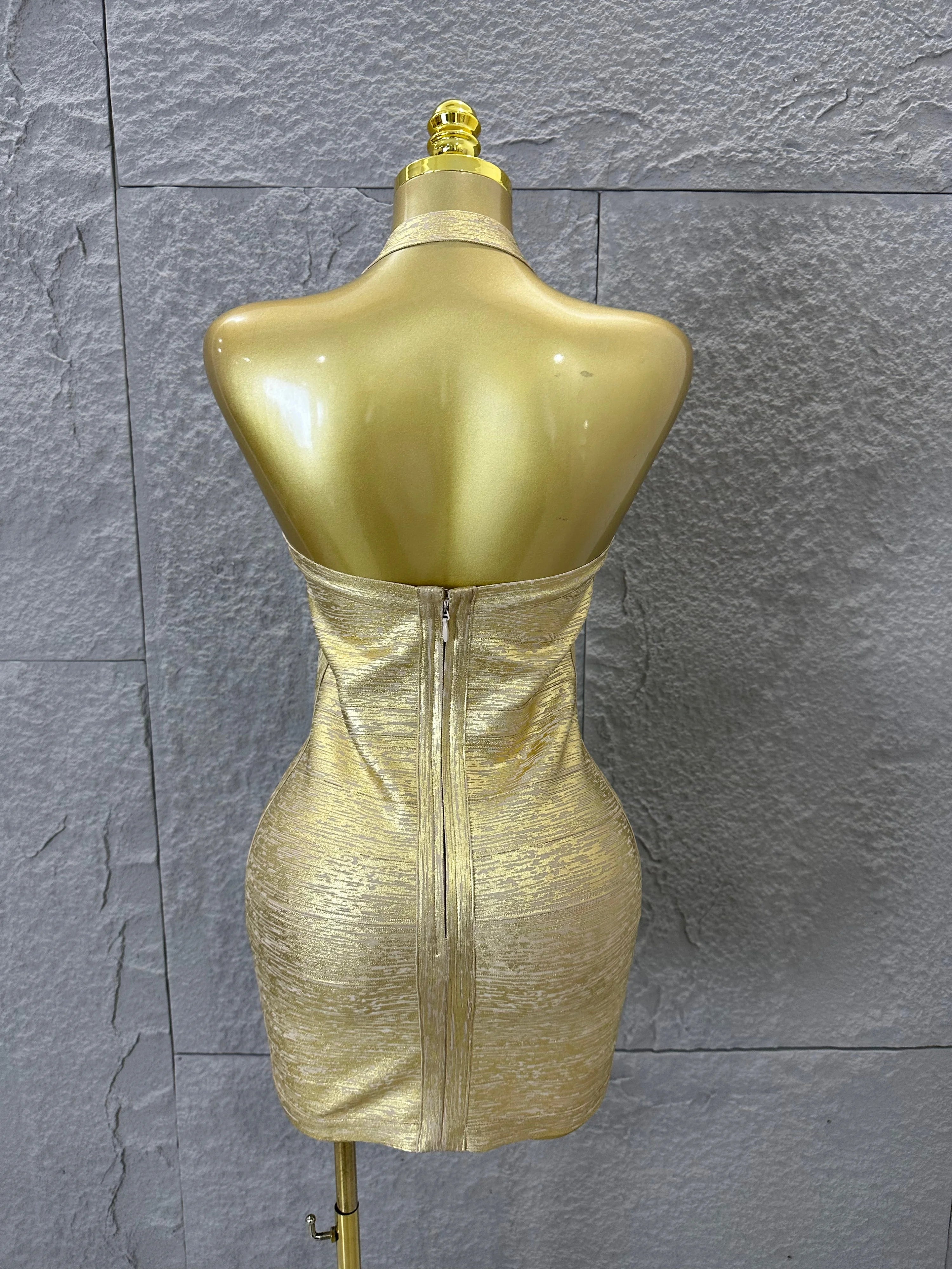 Elegant Gold Metallic Bandage Mini Dress Women Halter Neck Sweetheart Bodycon Formal Event Cocktail Party Costume