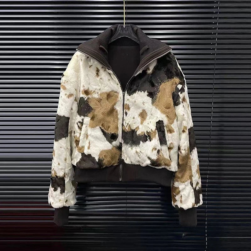 Autumn Winter New Fashion Plush Reversible Warm Print Stand Collar Short Jacket For Women High Street Coat 11A07888