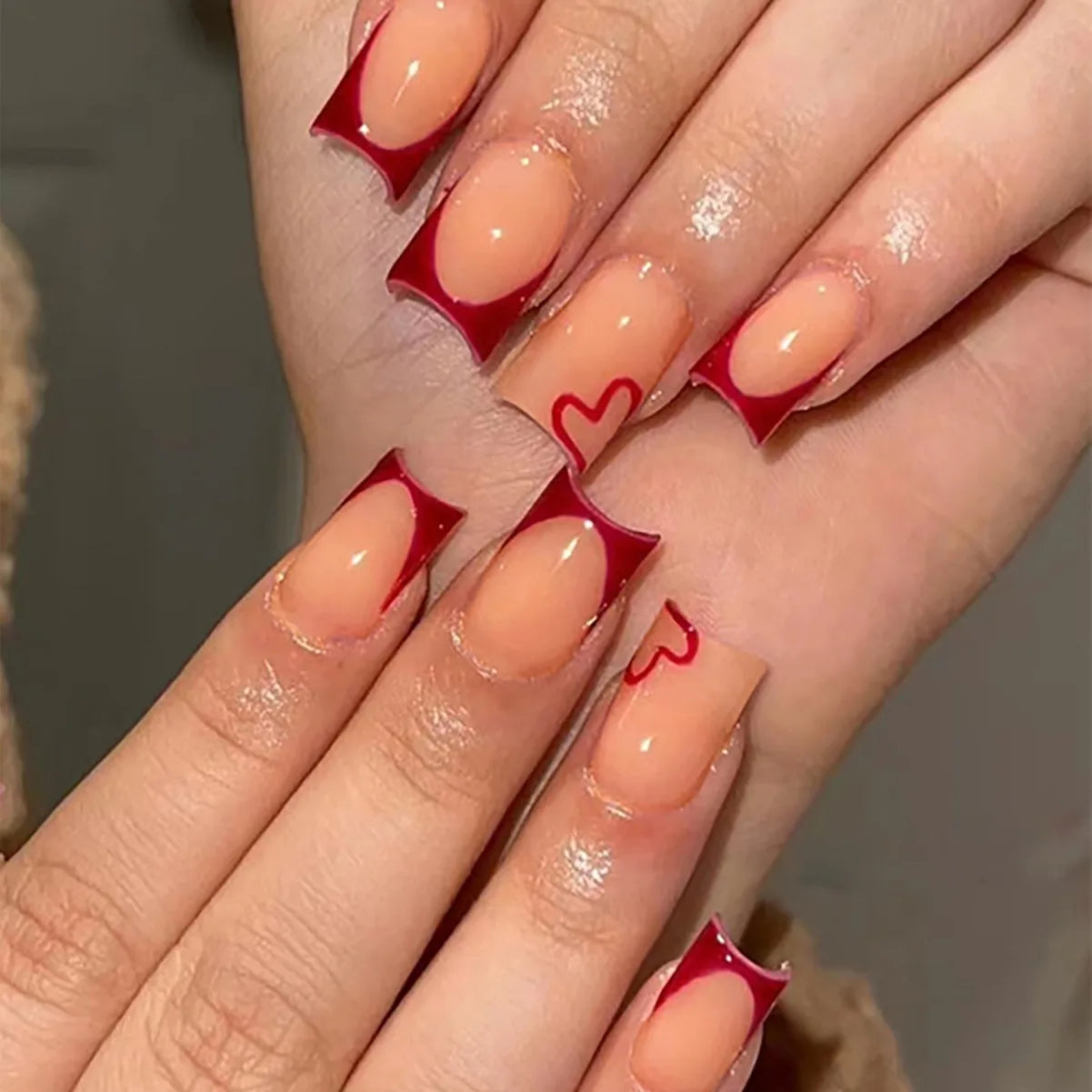 24pcs/set short Medium fake nails square ballet almond nail tips pink beautiful heart for Valentine's Day press on false nails 1036