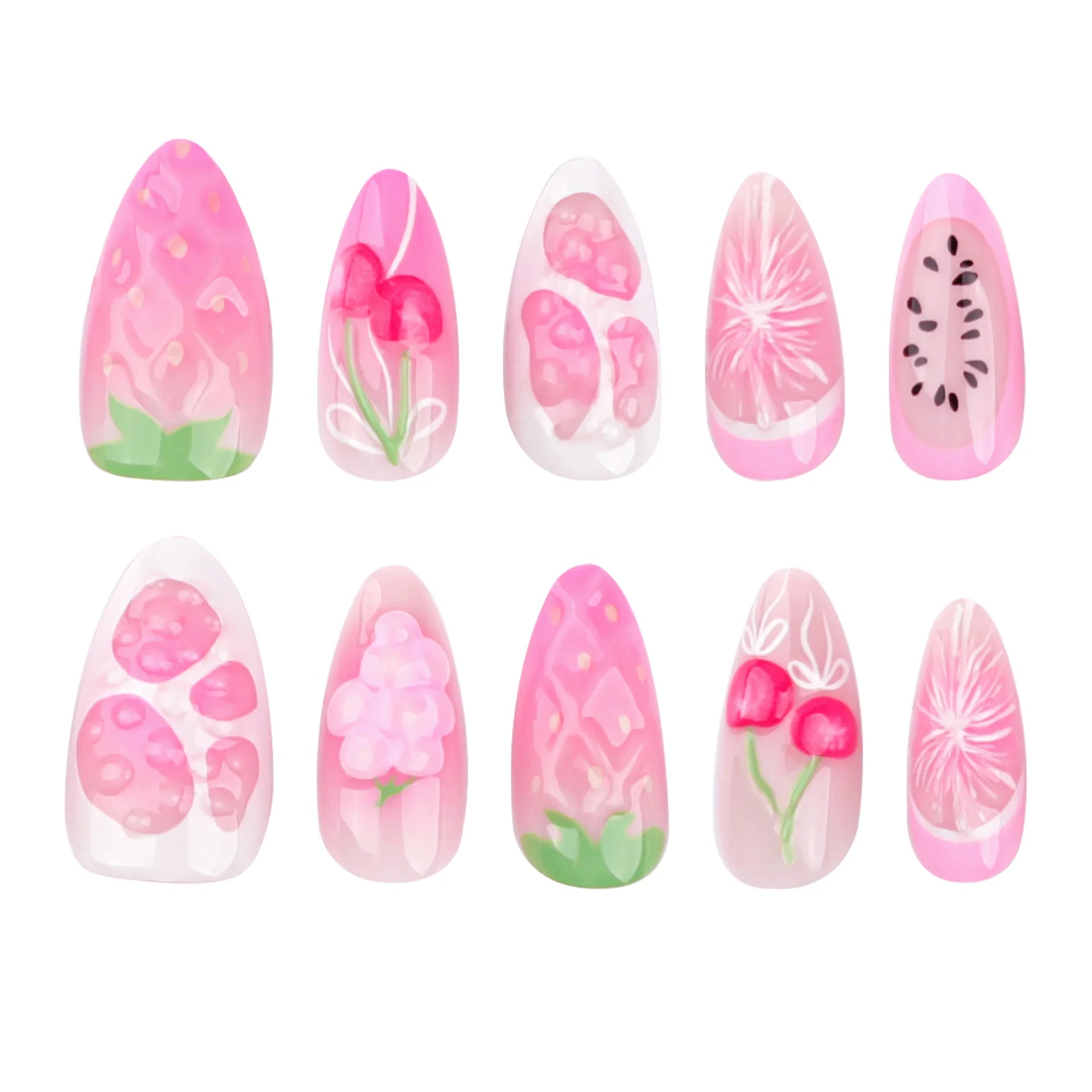 24pcs Fresh Fruit Style Press On Nails Sweet Pink Strawberry Cherry Grape Orange Decors False Nails Ins Korean Almond Fake Nail