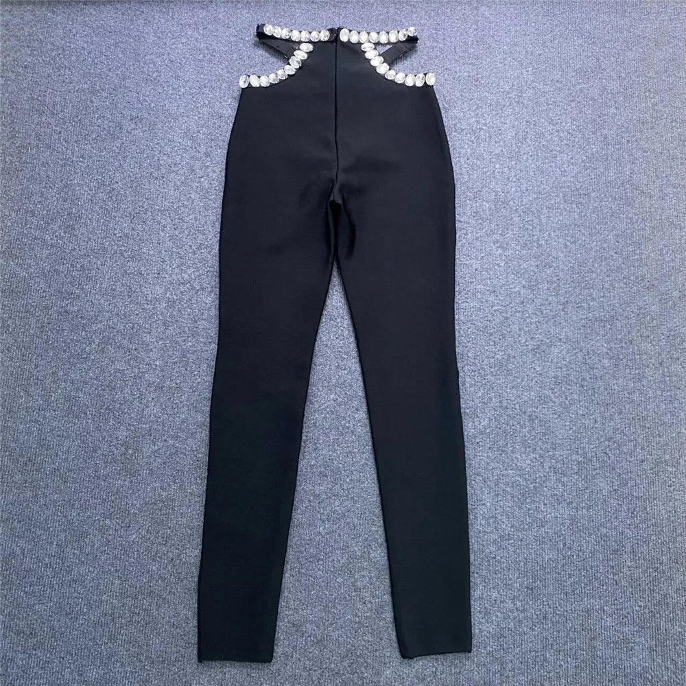 New Fashion Bandage Crystal Bodycon Pants Women Sexy High Street Casual Celebrate Nightclub Party Pants