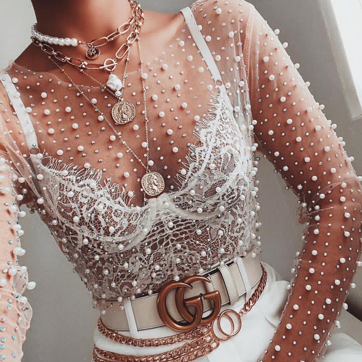 Sexy See Through T Shirt Women Mesh Patchwork Diamonds Pearl Slim T-Shirts Elegant Crop Tops Female 2024 Spring Clothes