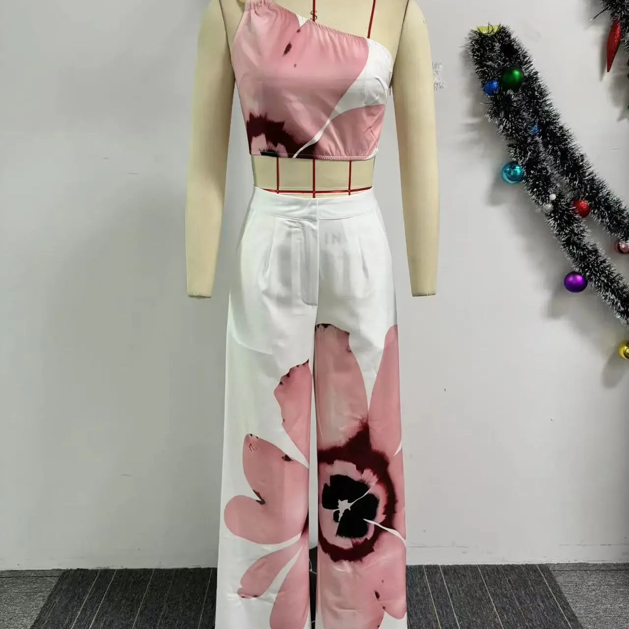 Women Set Floral Print Sleeveless Skew Collar Tops +Wide Leg Pants Two 2 Piece Set Outfit 2024 Summer Street Tracksuit