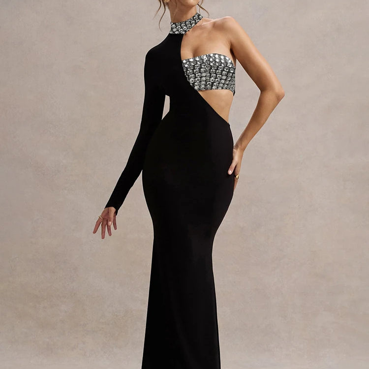 Stylish Black Asymmetric Long Sleeve Maxi Dress with Sparkling Detail Mermaid Gown for Red Carpet Events