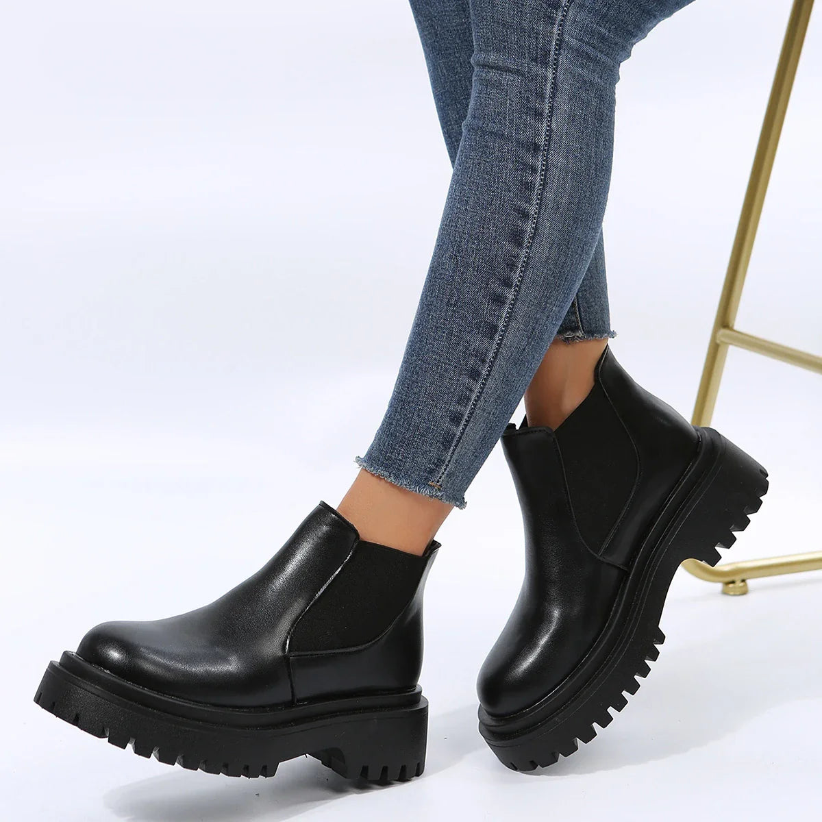 Chelsea Boots for Women 2023 PU Leather Ankle Booties Woman Punk Thick Bottom Slip on Combat Boots Black Chunky Platform Botas black