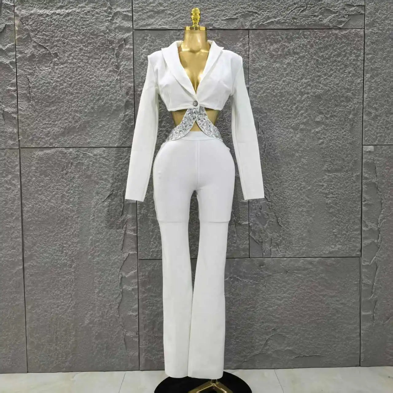 Black White Women Long Sleeve Sexy V-Neck Shinning Crystal 2 Pieces Bodycon Bandage Set Celebrate Evening Party Women's Set WHITE