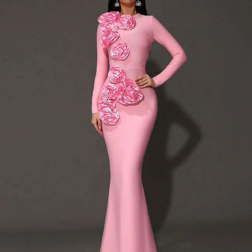 2025 Elegant Women's 3D Flower Decorative Bandage Dress O-neck Long Sleeve Bodycon Long Dress Cocktail Evening Party Vestidos Pink