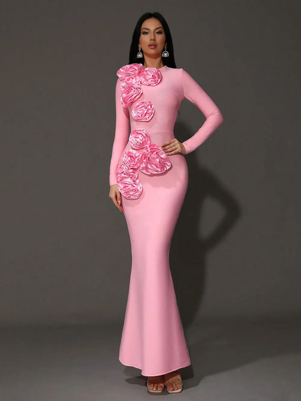 2025 Elegant Women's 3D Flower Decorative Bandage Dress O-neck Long Sleeve Bodycon Long Dress Cocktail Evening Party Vestidos Pink