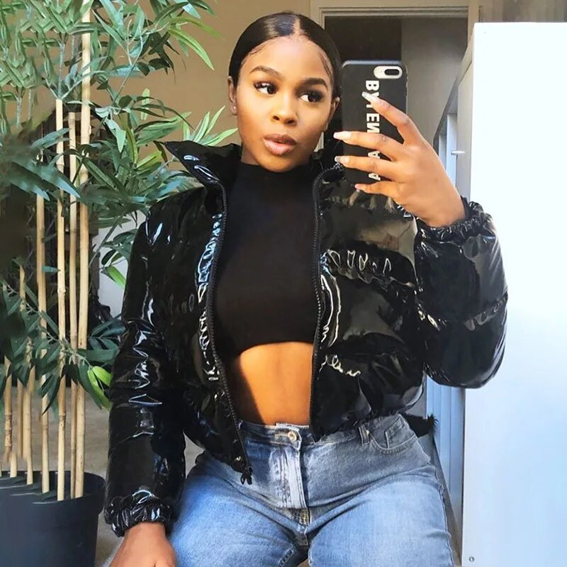 Winter New Women's Fashion Solid Color Zipper Bright Surface Warm Cotton-padded Jacket Top